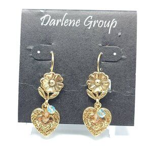 Gold Tone Heart Flower Blue Crystal Dangle Earrings By Darlene Group